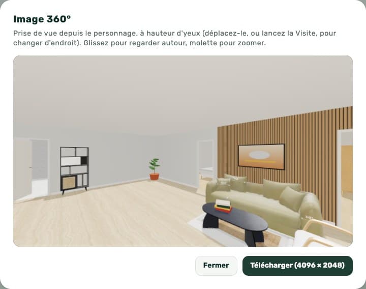 Fenêtre « Image 360° » du planificateur, avec l'aperçu d'un séjour et le téléchargement en 4096 × 2048
